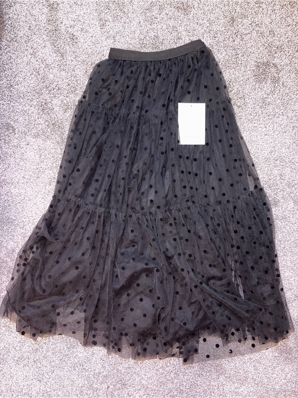 Black Polka Dot Tulle Maxi Skirt with Elastic Waist